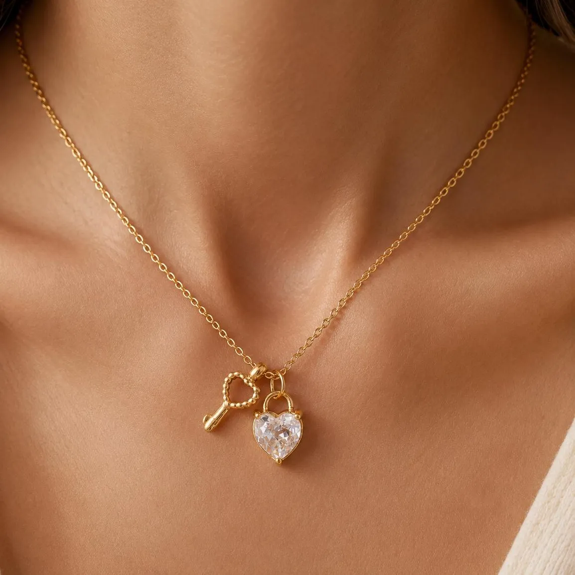 Authentic Lock and Key Heart Necklace for Women, Luxury Gold Plated Stainless Steel Zirconia Pendant, Valentine Gift