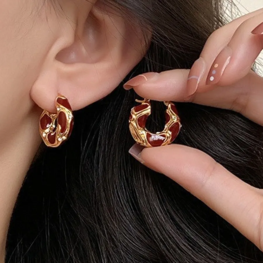 Authentic Enamel Hoop Earrings Leopard Print Rhinestone Inlaid Elegant Circle Ear Buckle Jewelry Accessories