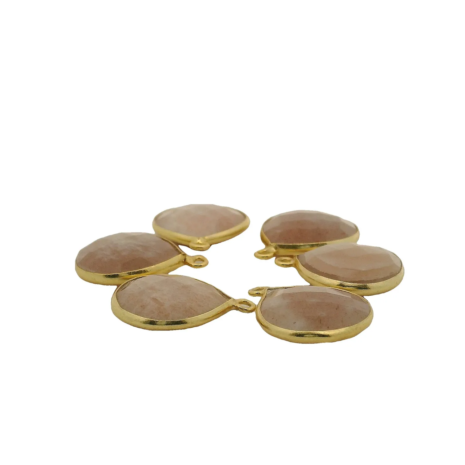 Authentic Natural Peach Moonstone Heart-Shaped Bezel One Loop (15mm) Gold Plated Silver &