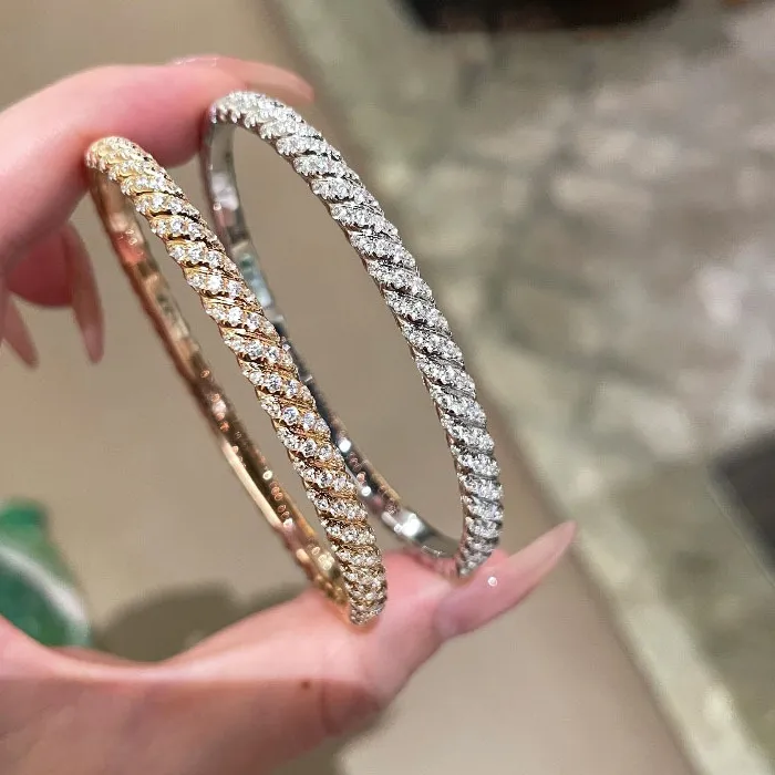 Authentic And Dazzling Shiny Spiral Bangles Full Diamond Silver 925 Two Color Bracelets Jewelry