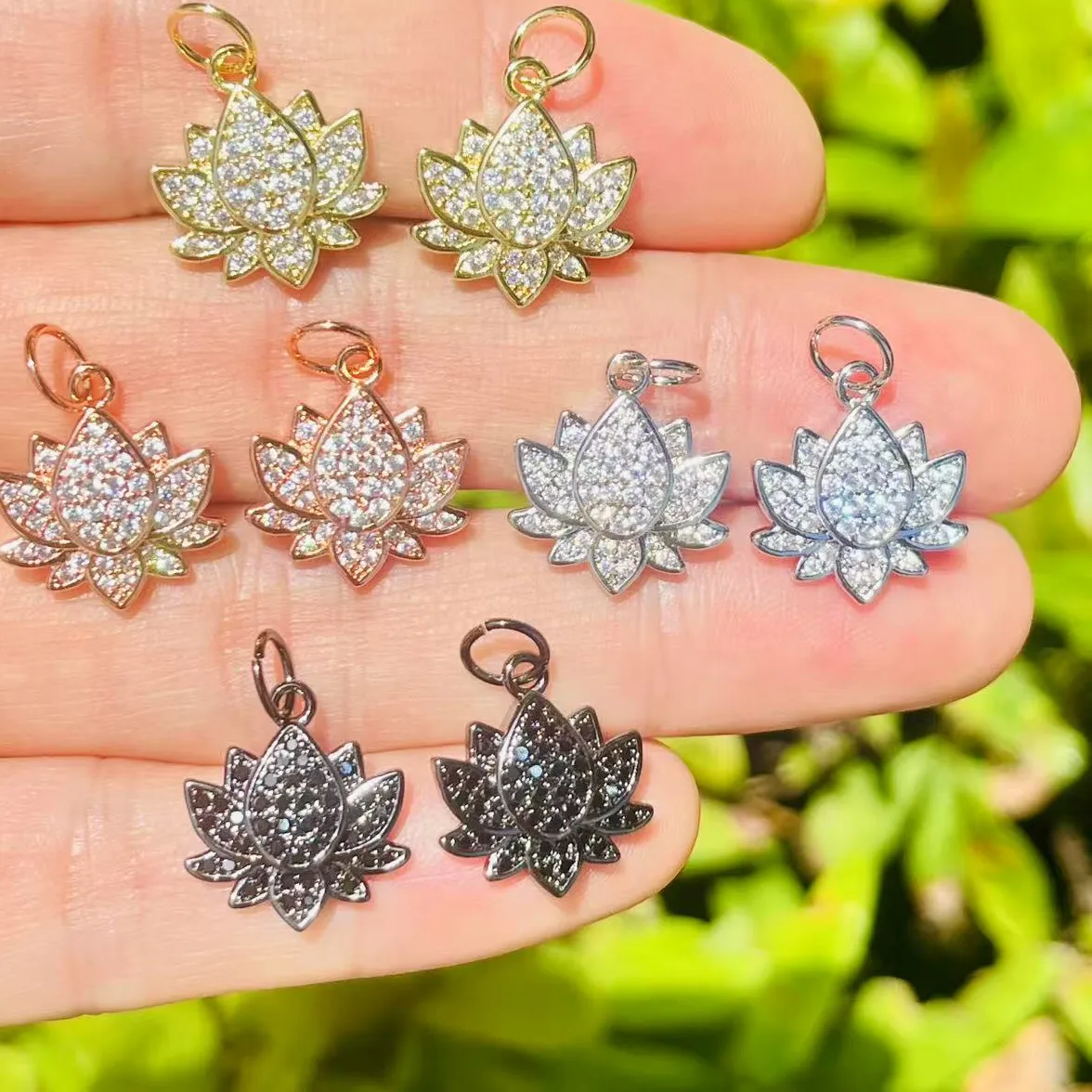 Authentic 5Pcs Zircon Pave Flower Lotus Jewelry Findings Handmade Jewelry Bracelet Earring Necklace Creations