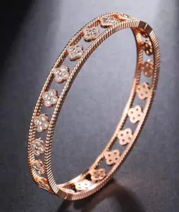 Authentic 2.00Ct Moissanite Set Four Clover Leaf Bangle Bracelet in 14K Rose Gold Plated