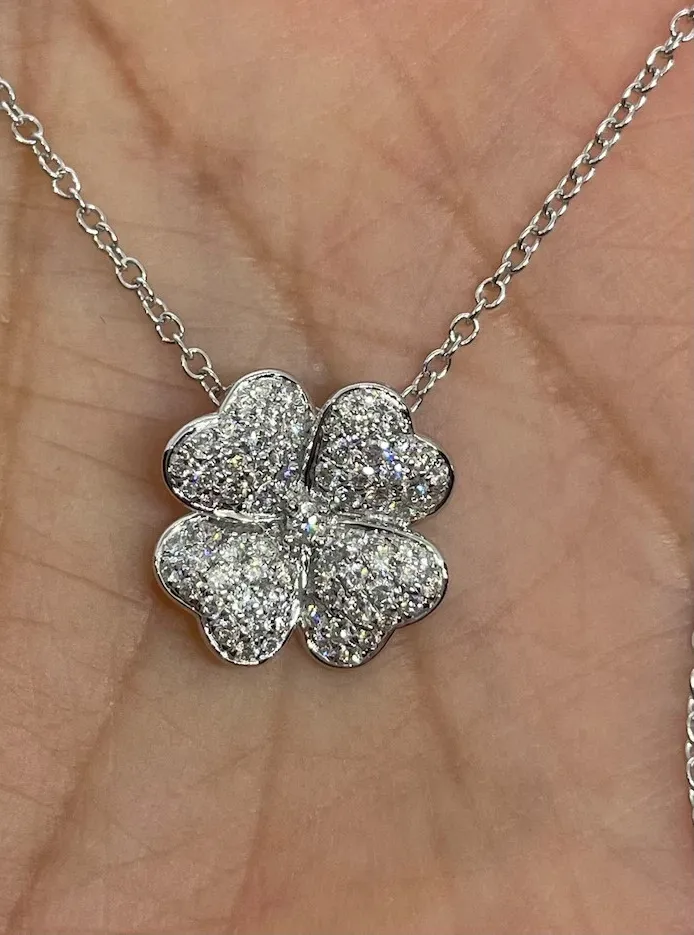 Authentic 2Ct Real Moissanite Four Leaf Clover Pendant 18" Chain 14K White Gold Plated