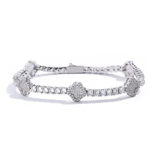 Authentic D VVS1 MOISSANITE Tennis Chain Bracelet Four Leaf Clover 7-9 in 18K Gold Plated