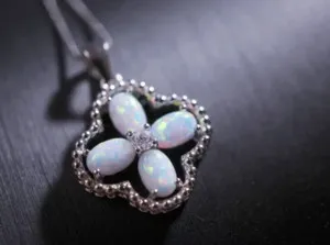 Authentic 2.00Ct Oval Cut Natural Fire Opal Four Leaf Clover Pendant 14K White Gold Plated