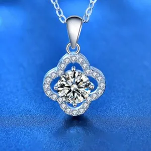 Authentic 1.10Ct Round Moissanite Four-leaf Clover Pendant Without Chain White Gold Plated