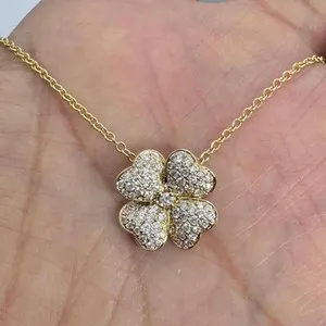 Authentic Round Lab Created Diamond Four Leaf Clover Pendant 14K Yellow Gold Plated 18"