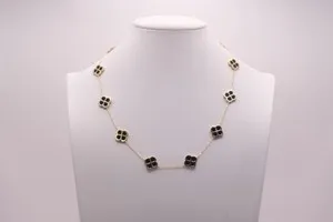 Authentic Gold Plated Sterling Silver Black Onyx Four Leaf Clover Necklace 20in