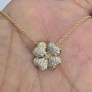 Authentic 0.46Ct Round Cut Moissanite Four Leaf Clover Pendant 14K Yellow Gold Plated 18"