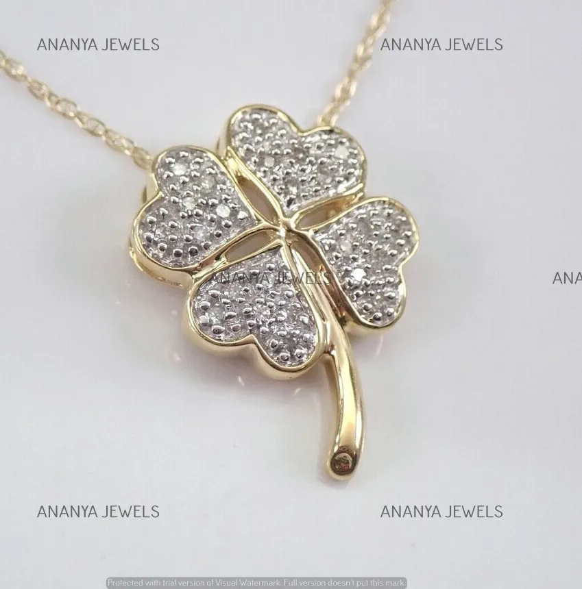 Authentic Moissanite 2 CT Four Leaf Clover Necklace Cluster Pendant 14K Yellow Gold Plated