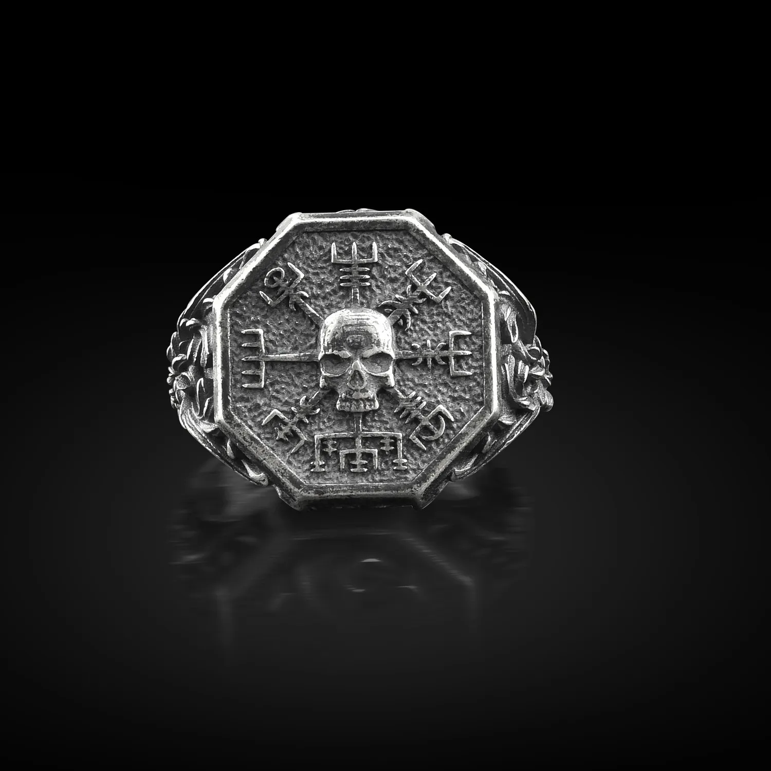 Authentic 925 Sterling Silver Vegvisir Compass Skull Viking Mens Signet Ring
