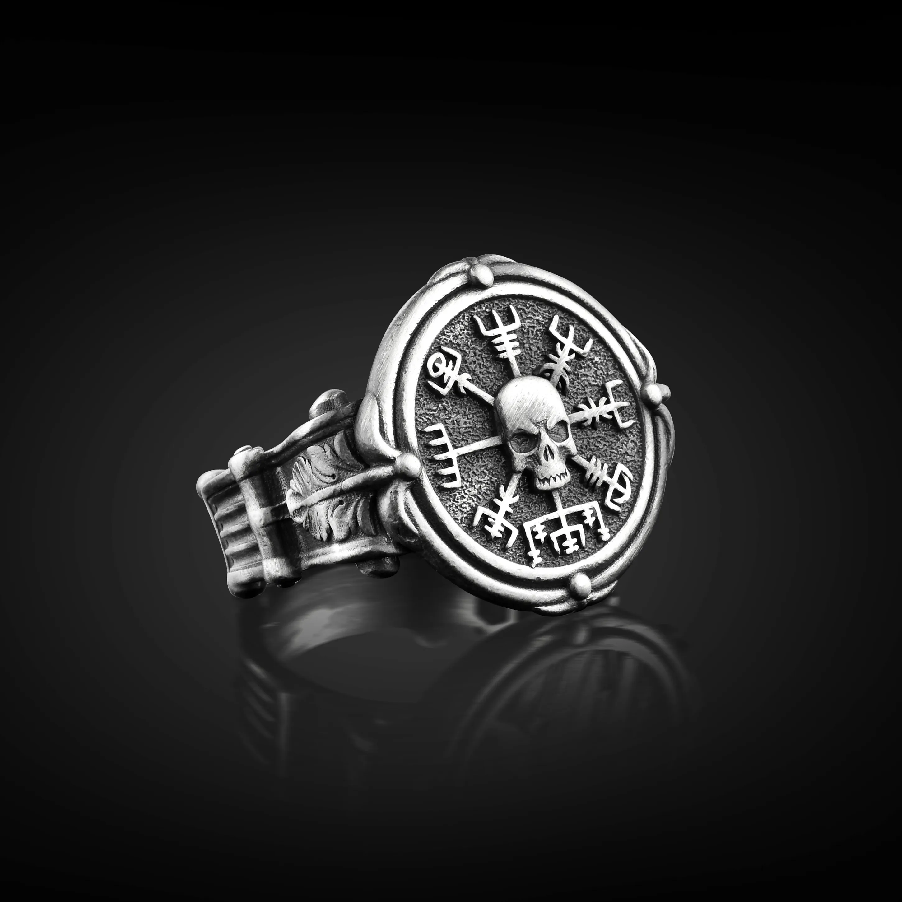Authentic 925 Sterling Silver Vegvisir Skull Gothic Biker Compass Mens Signet Ring