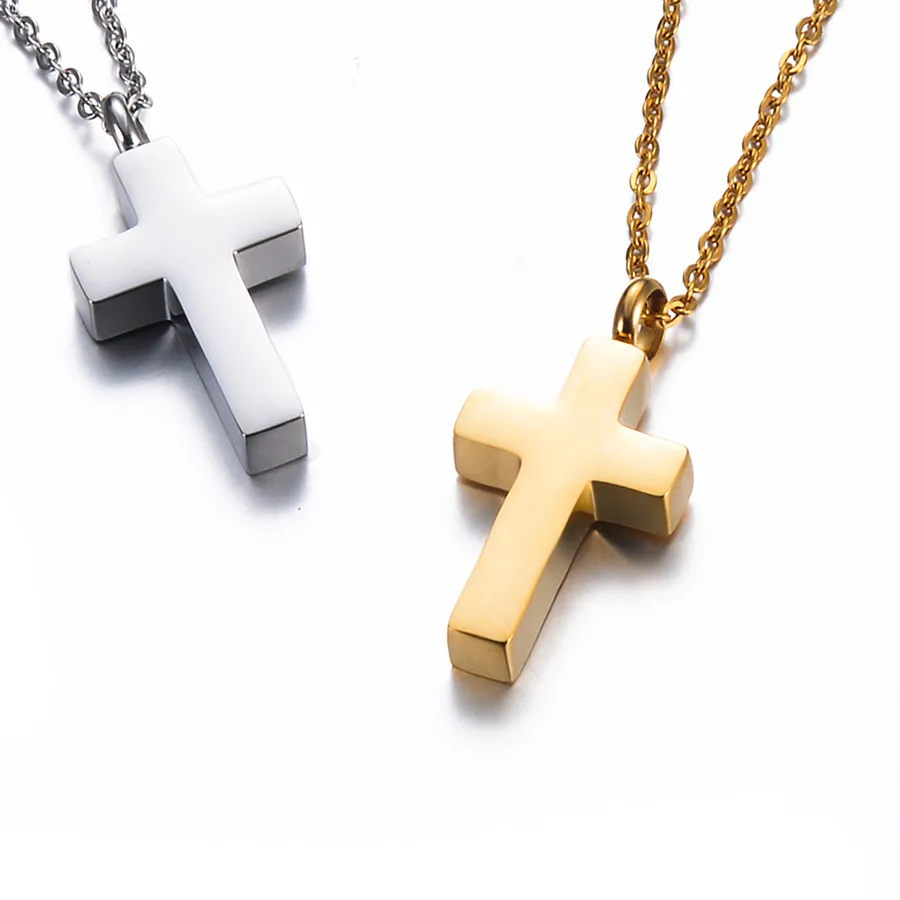 Authentic Cremation Cross Keepsake Necklace for Ashes Gold Silver Tone Bar Pendant Memorial Jewelry for Women/Men