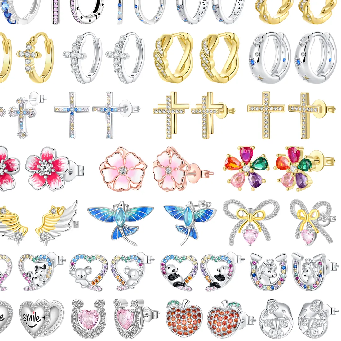 Authentic Original 925 Sterling Silver Colored Zircon Horseshoe Cross Fruit Dragon Bow Heart Earrings Fit Fine Jewelry