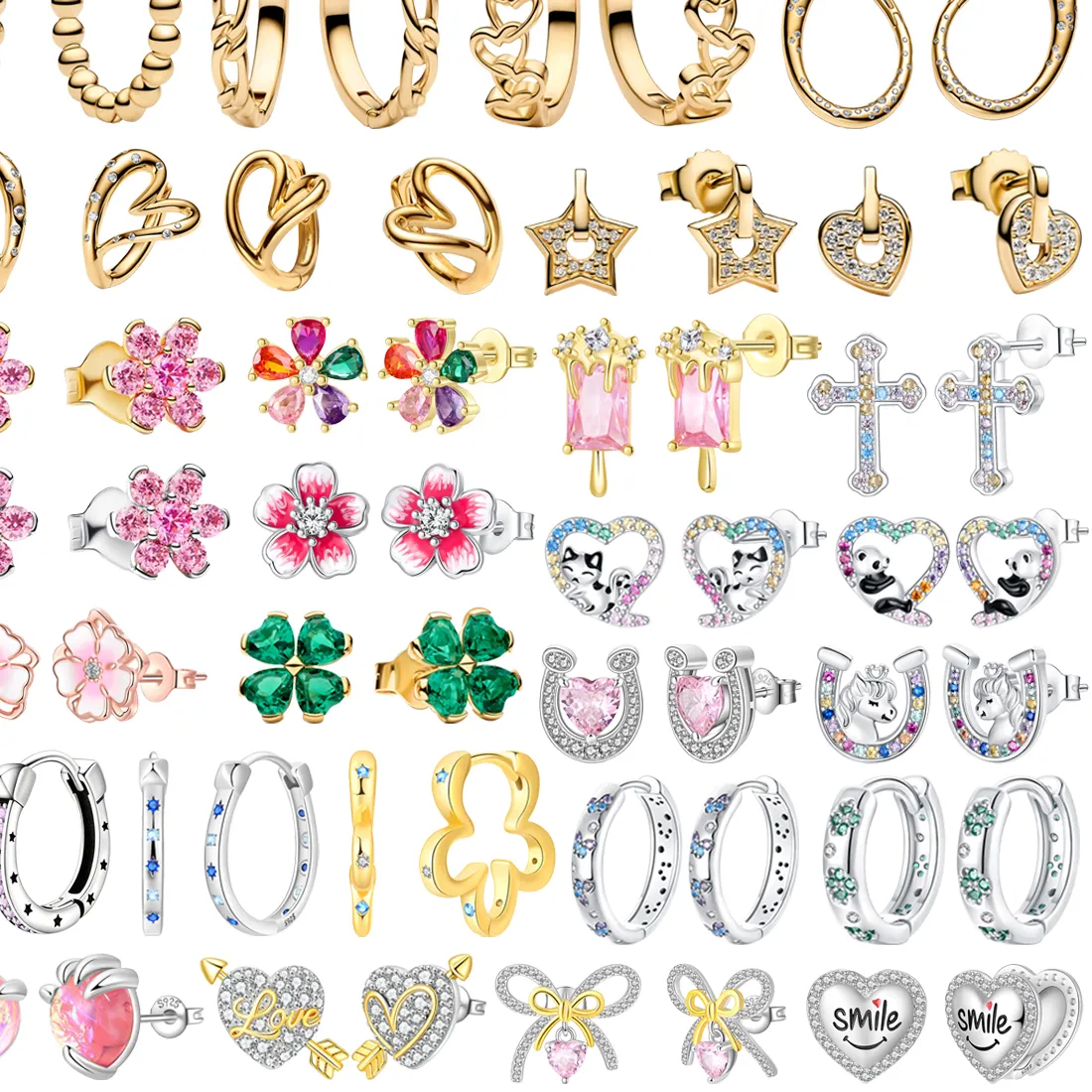 Authentic 925 Sterling Silver Zircon Heart Four Leaf Clover Flower Apple Pineapple Animal Earrings Fit Birthday Jewelry