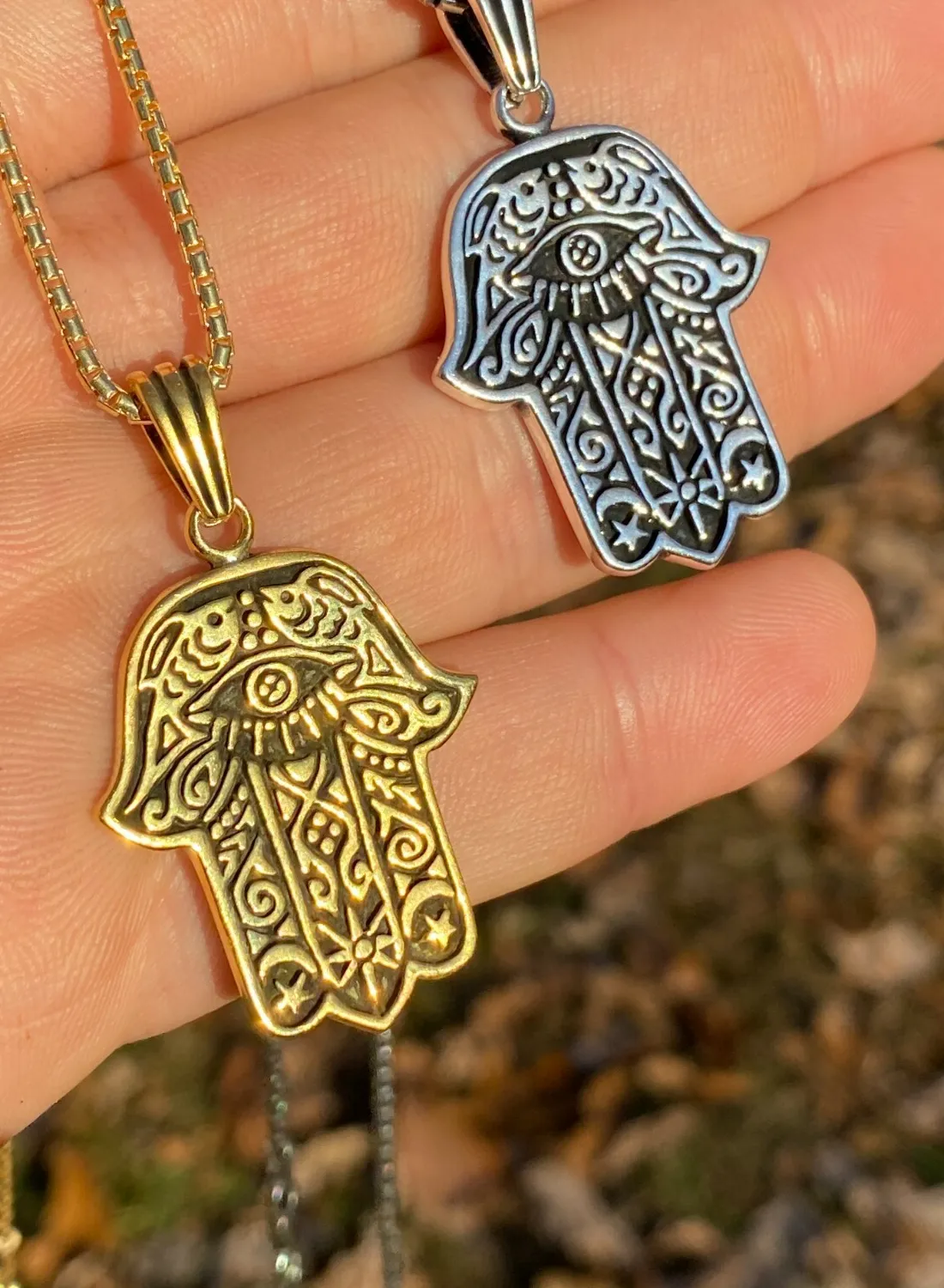Authentic Solid 925 Sterling Silver Hamsa Hand Of Fatima Pendant Gold Plated Large 1.75"