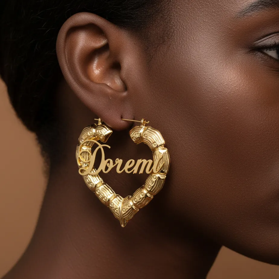 Authentic Stainless Steel Heart Shape Bamboo Custom Name Earrings 18K Gold Plated Personalized Letters Hoop Earrings Multi Size Ear Charm