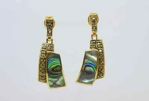 Authentic 14k Gold Plated Brass Marcasite Stud Dangle Earrings with Abalone