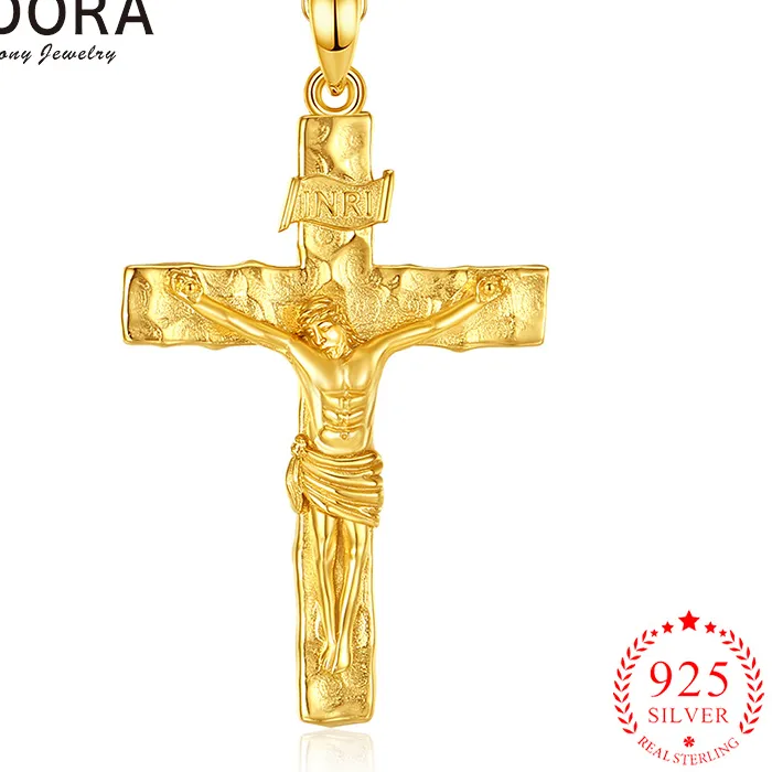 Authentic Eudora Crucifix Cross Pendant 925 Sterling Silver Plated 18K Gold Jesus Necklace Christian Amulet Jewelry for Men Women