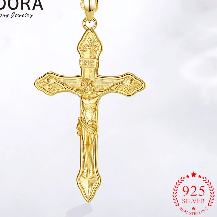 Authentic Eudora Crucifix Cross Necklace 925 Sterling Silver Plated 18K Gold Jesus Pendant Amulet Religious Jewelry for Men Women