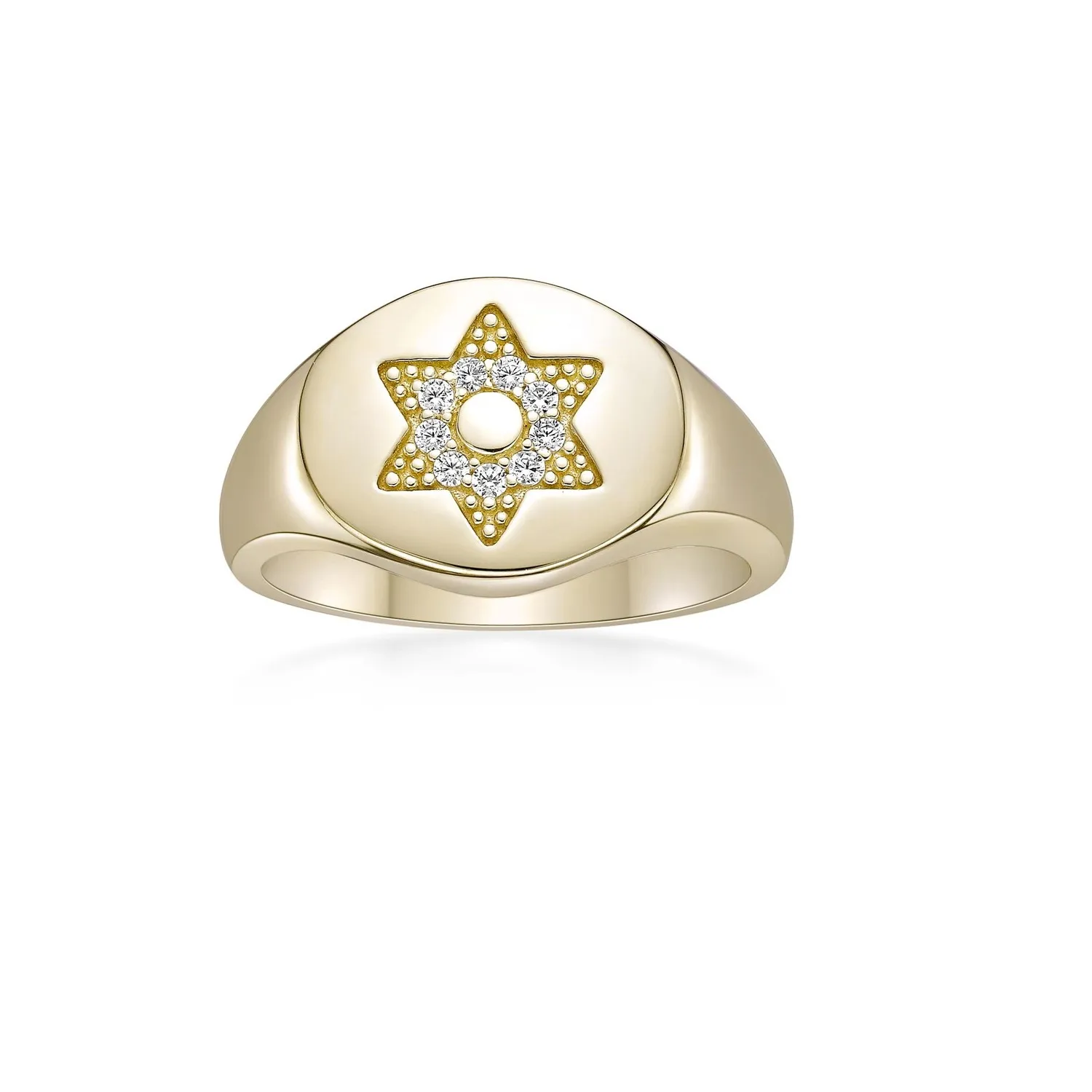 Authentic 18K Yellow Gold Plated Silver Jewish Star of David Signet Ring with Lab Diamond