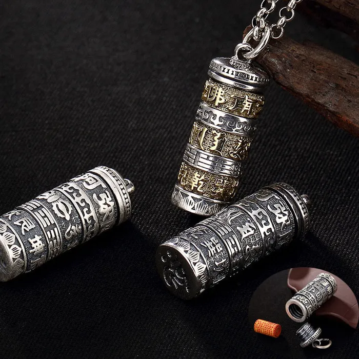 Authentic S990 Sterling Silver Tube Locket Pendant Buddhist Antique Shurangama Mantra Vajry Pestle Amulets Talismans Urn Necklace