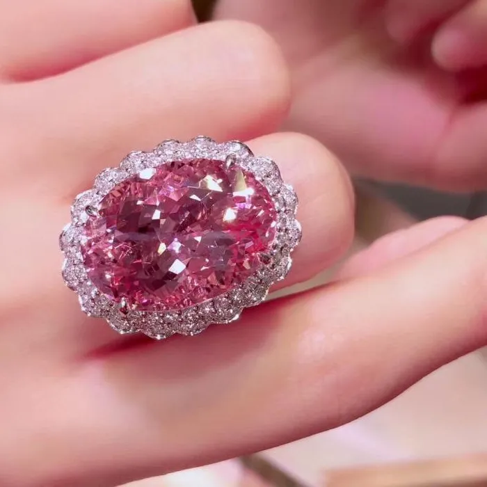 Authentic High- End Pink Zircon Full Diamond Luxurious Elegant Open Ring Jewelry