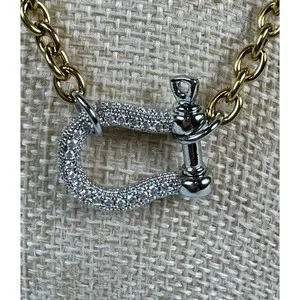 Authentic 18K Gold Plated Pavé Horseshoe Clasp Necklace Two Tone Chain