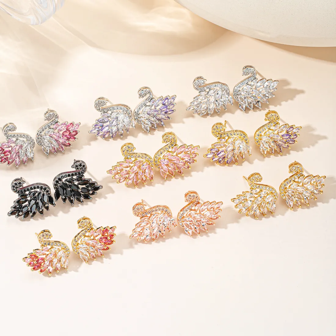 Authentic Multi Color Marquise Cz Swan Stud Earrings Shiny Crystal Swan Shape Ear Jewelry Earrings
