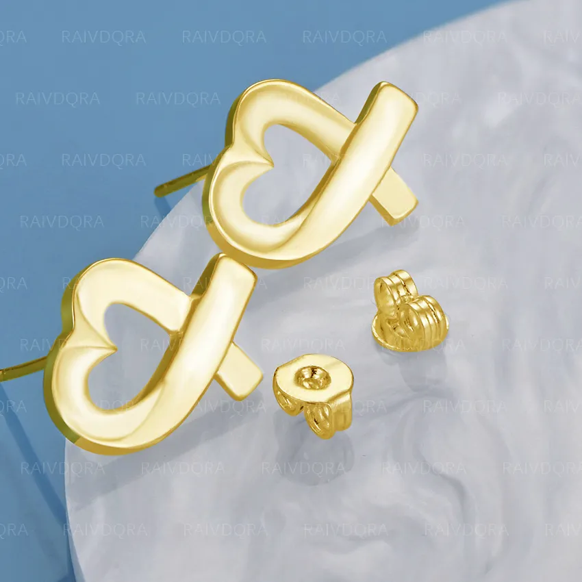 Authentic 18K Gold Plated Love Heart Stud Earrings For Women Wedding Engagement Party Fashion Jewelry Charms Accessories