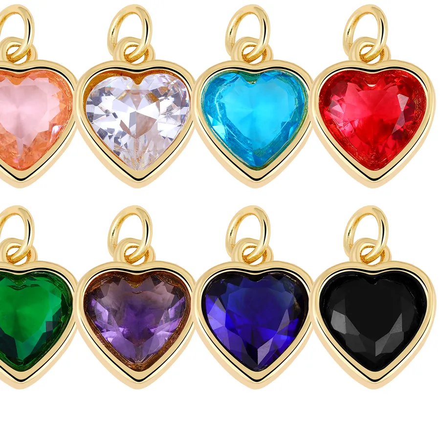 Authentic Juya 8 Pcs/Lot 18K Real Gold Plated Colorful Crystals Love Heart Birthstone Charms For DIY Women Fashion Birthday Jewelry Making