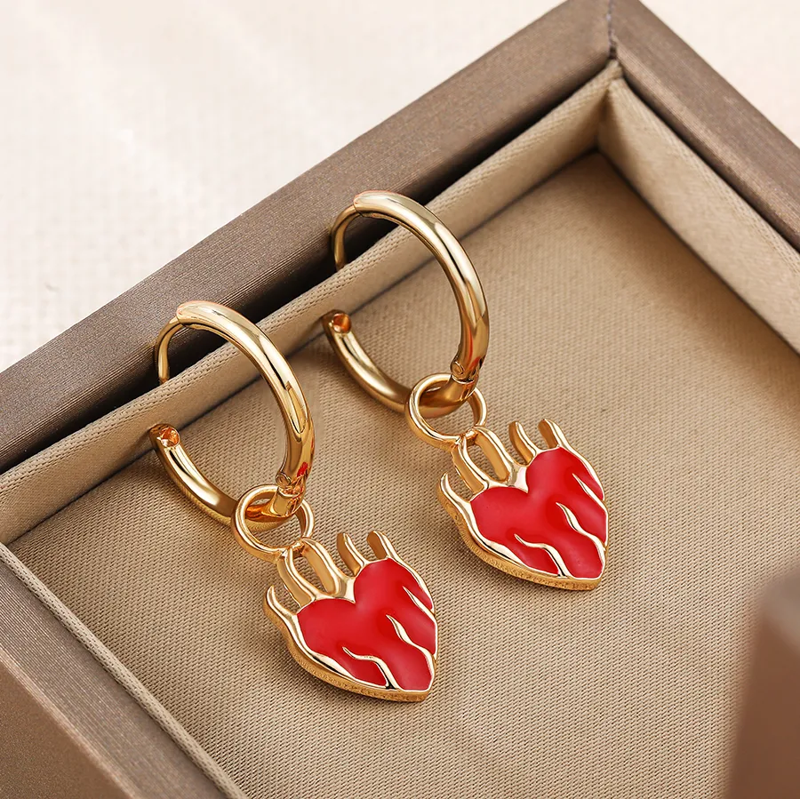 Authentic Fashion Love Heart Fire Flame Charms Hoop Earrings for Women 18K Gold Plated Stainless Steel Small Circle Huggies Jewelry Gifts