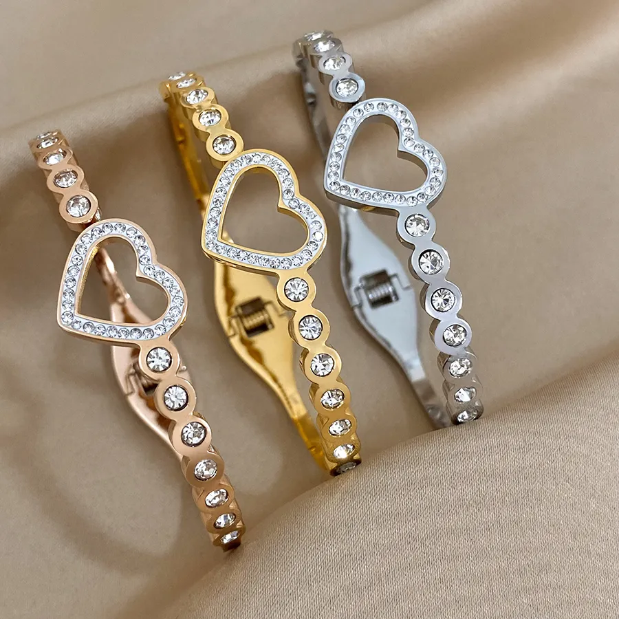 Authentic Love Matching Bracelet Femme Luxe Rhinestone Heart Stainless Steel Bangle 18K Gold Plated Couple Charm Bracelets Jewelry Gift