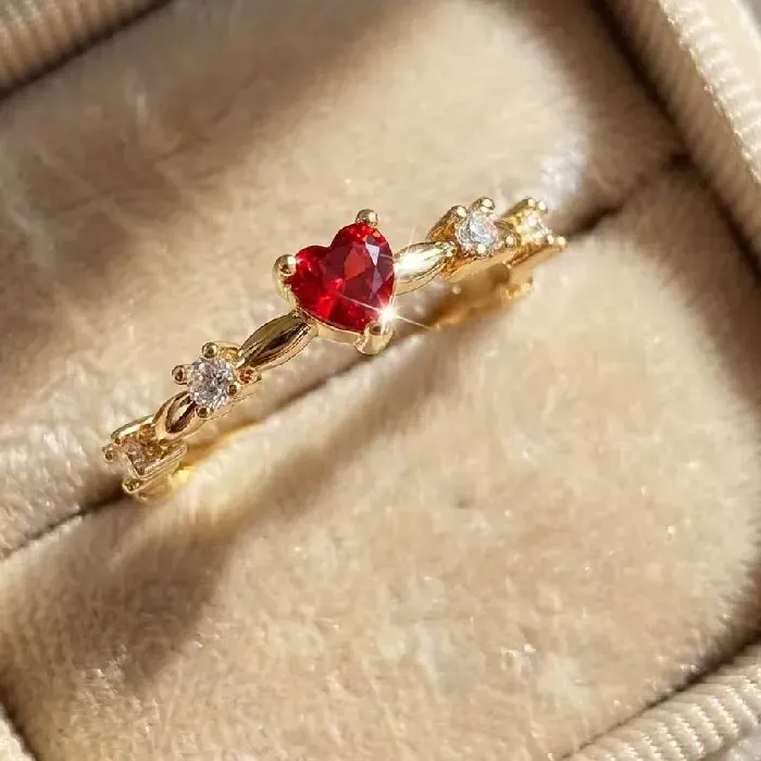 Authentic 925 Sterling Silve Plated 18K Gold Zircon Red Love Heart Rings for Women Party Wedding High Quality Vintage Fine Jewelry