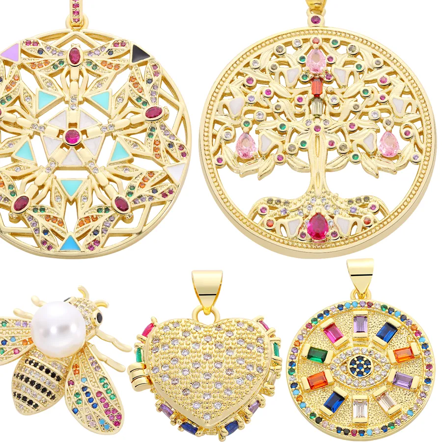 Authentic Juya 18K Real Gold Plated Luxury Rainbow Zirconia Star Dragonfly Tree Of Life Bee Love Heart Round Greek Evil Eye Charm Pendants