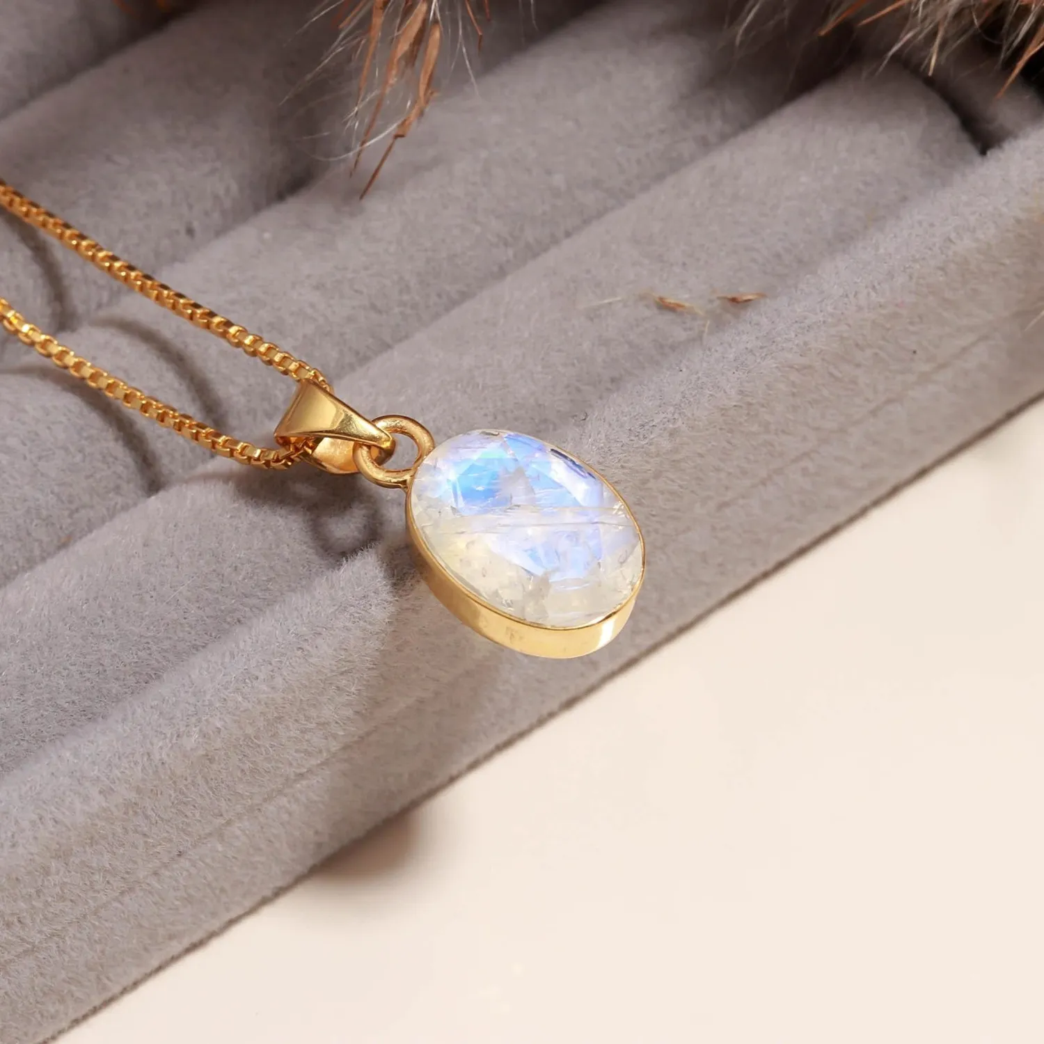 Authentic Natural Moonstone Oval Pendant Gold Plated 925 Sterling Silver Handmade Jewelry