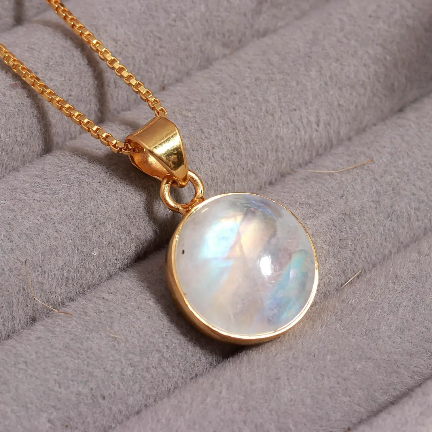 Authentic Natural Moonstone Round Pendant Gold Plated 925 Sterling Silver Handmade Jewelry