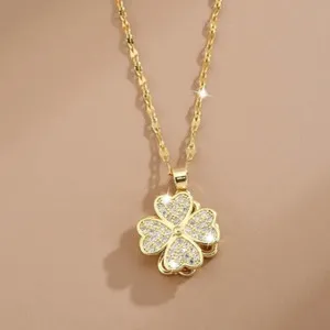 Authentic Rotatable 18K Gold Plated Lucky Clover Pendant Shiny Zirconia Necklace Women