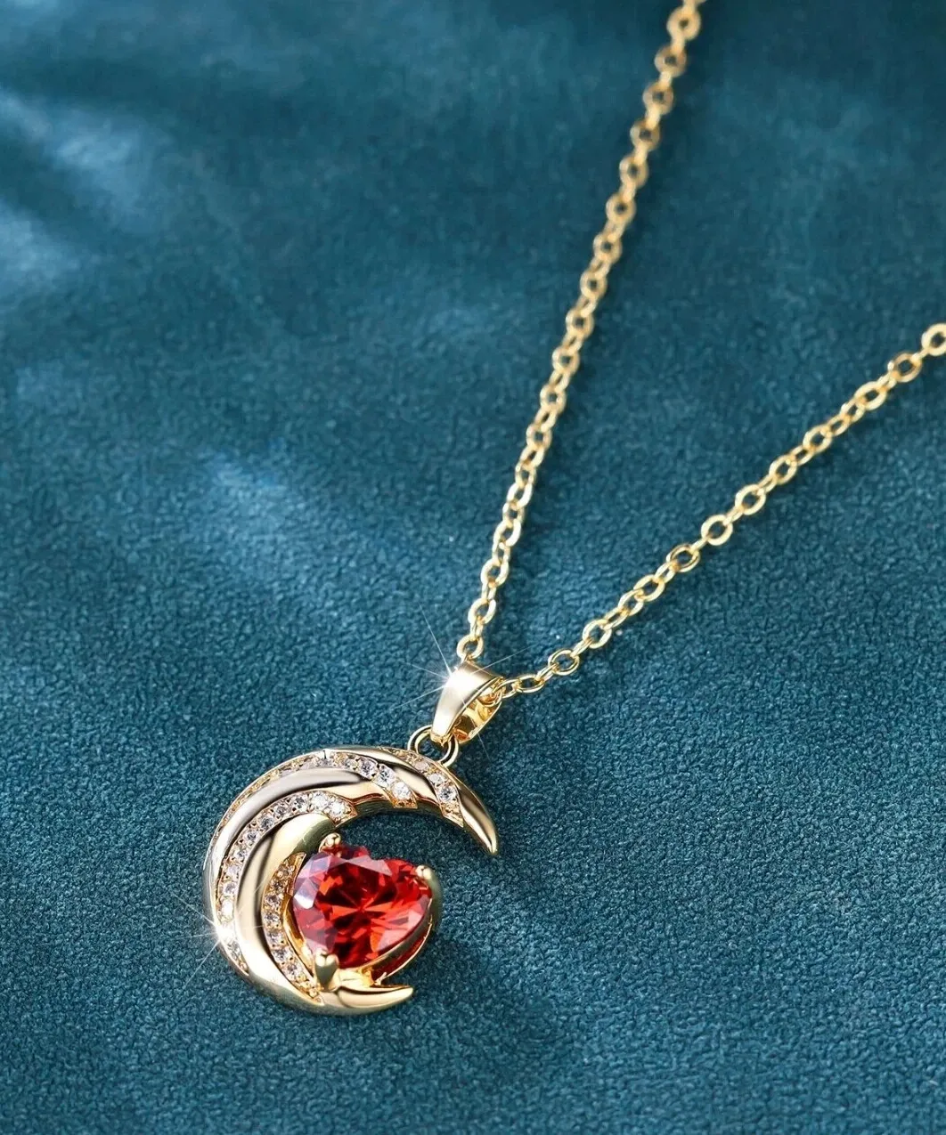 Authentic 3 Ct Heart Cut Simulated Red Garnet Moon Heart Pendant In 14k Yellow Gold Plated