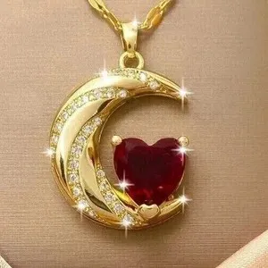 Authentic 2.00Ct Heart Cut Lab-Created Ruby Half Moon Pendant 14k Yellow Gold Plated