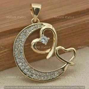 Authentic 2.10 Ct Round Cut Moissanite Moon Heart Pendant Necklaces 14k Yellow Gold Plated