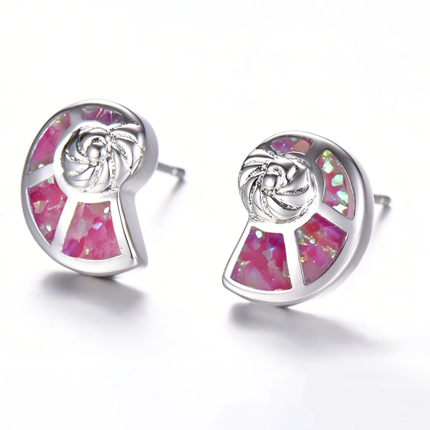 Authentic Dopamine Pink Opal Nautilus Stud Earrings, Unique Geometric Everyday Jewelry, Ocean- Inspired Beachcore Aesthetic For Her