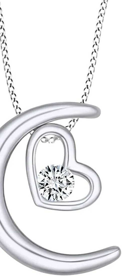 Authentic Simulated Diamond Heart Moon Pendant Necklace 925 Sterling Silver