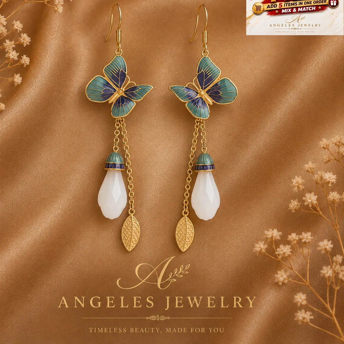 Authentic Wings Of Serenity White Jade And Gold Cloisonne Talisman Earrings