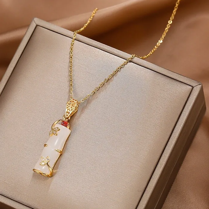 Authentic The Verdant Conduit Of Fortune White Jade Bamboo Talisman In 18K Gold