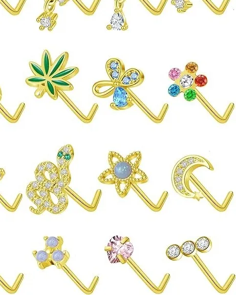 Authentic 16Pcs Nose Stud Ring L Shaped Nose Ring Heart Moon Bee Snake Leaf CZ Nose Studs