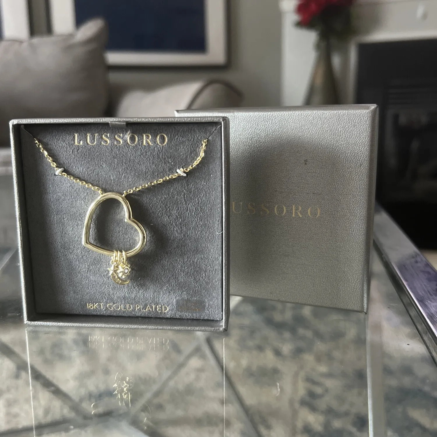 Authentic NIB LUSSORO 18K Gold Plated Heart w/ Moon, Star & Sun Charms-Minimalist Design.
