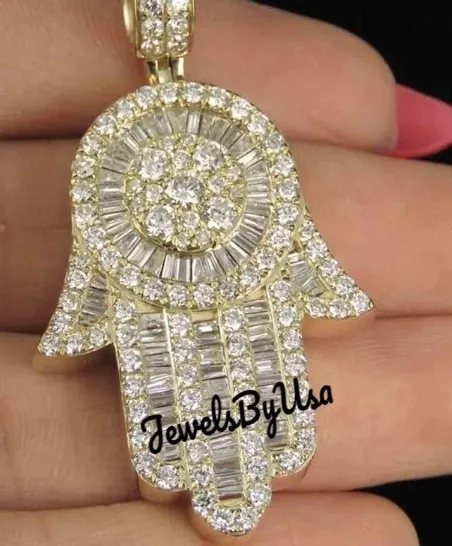 Authentic Talisman Of The Open Palm Baguette Moissanite Hamsa Hand Pendant In Radiant Gold- Plated Silver