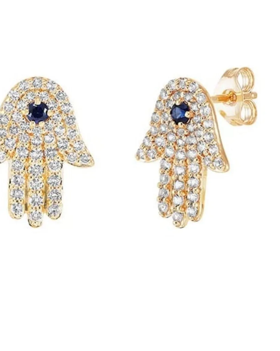Authentic Radiant Hand Of Fatima Stud Earrings In Luminous Gold And Deep Sapphire Crystal