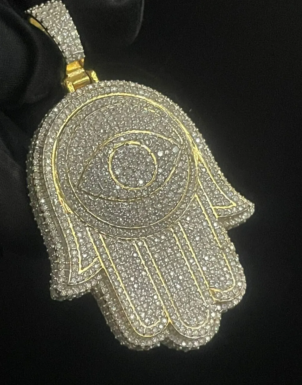 Authentic The Radiant Palm Of Protection Moissanite Hamsa Hand Pendant In Luminous Gold Over Silver